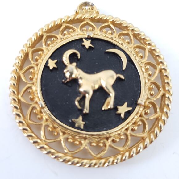 Large Aries Ram Pendant Zodiac Gold Toned, Black, Moon, Stars, Horoscope Jewelry - Picture 2 of 3